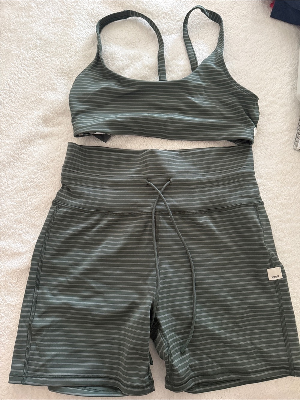 Vuori Olive Green Striped Sports Bra